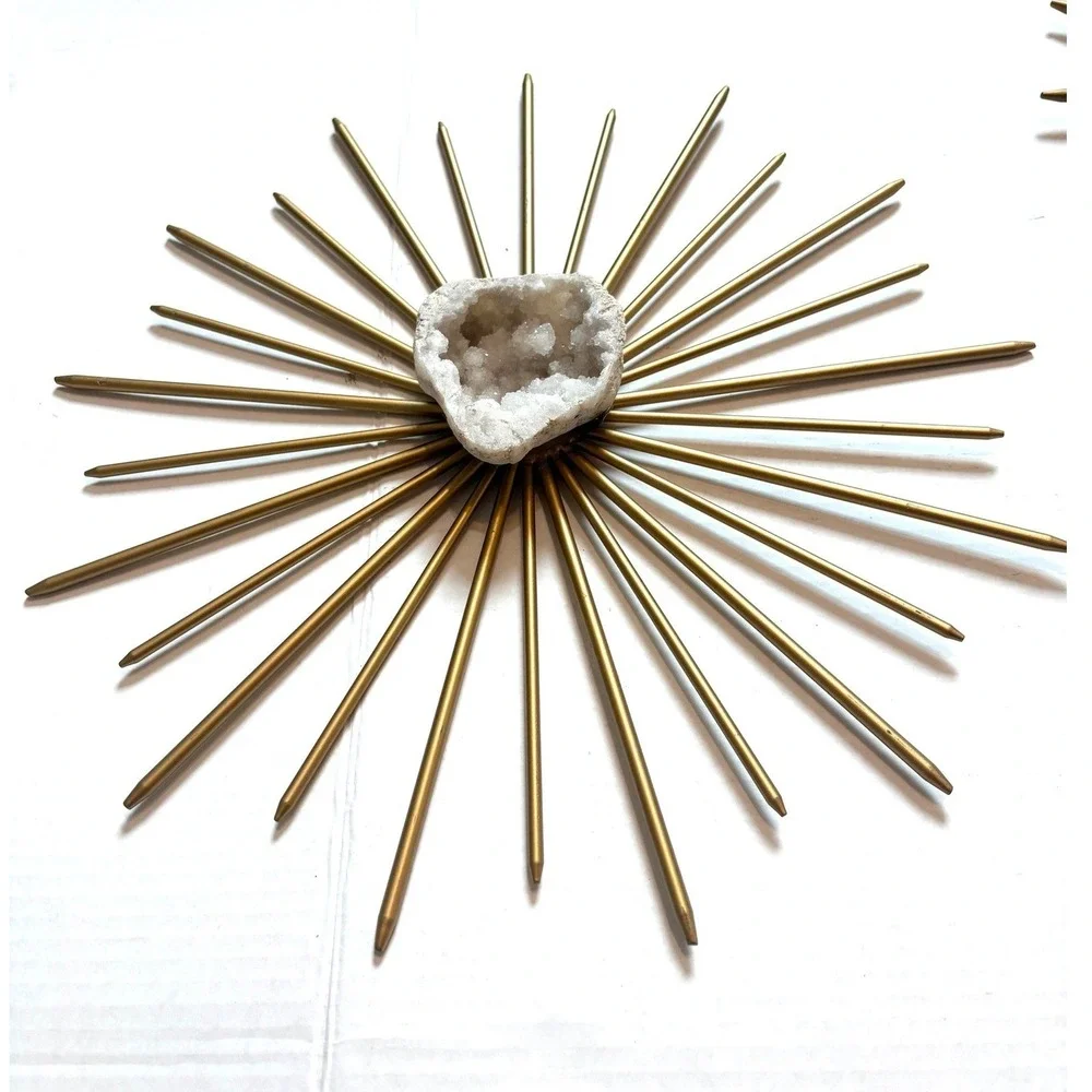 Gold MCM Metal Sunburst Wall Art Set Natural White Quartz Geode Centers 2pc